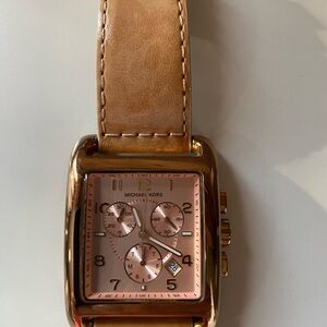 Michael Kors Rose Gold Square Watch with Tan Strap